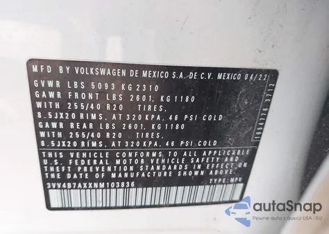 2022 Volkswagen Tiguan 2.0T Sel R-Line из США, поврежденный, VIN 3VV4B7AXXNM103836